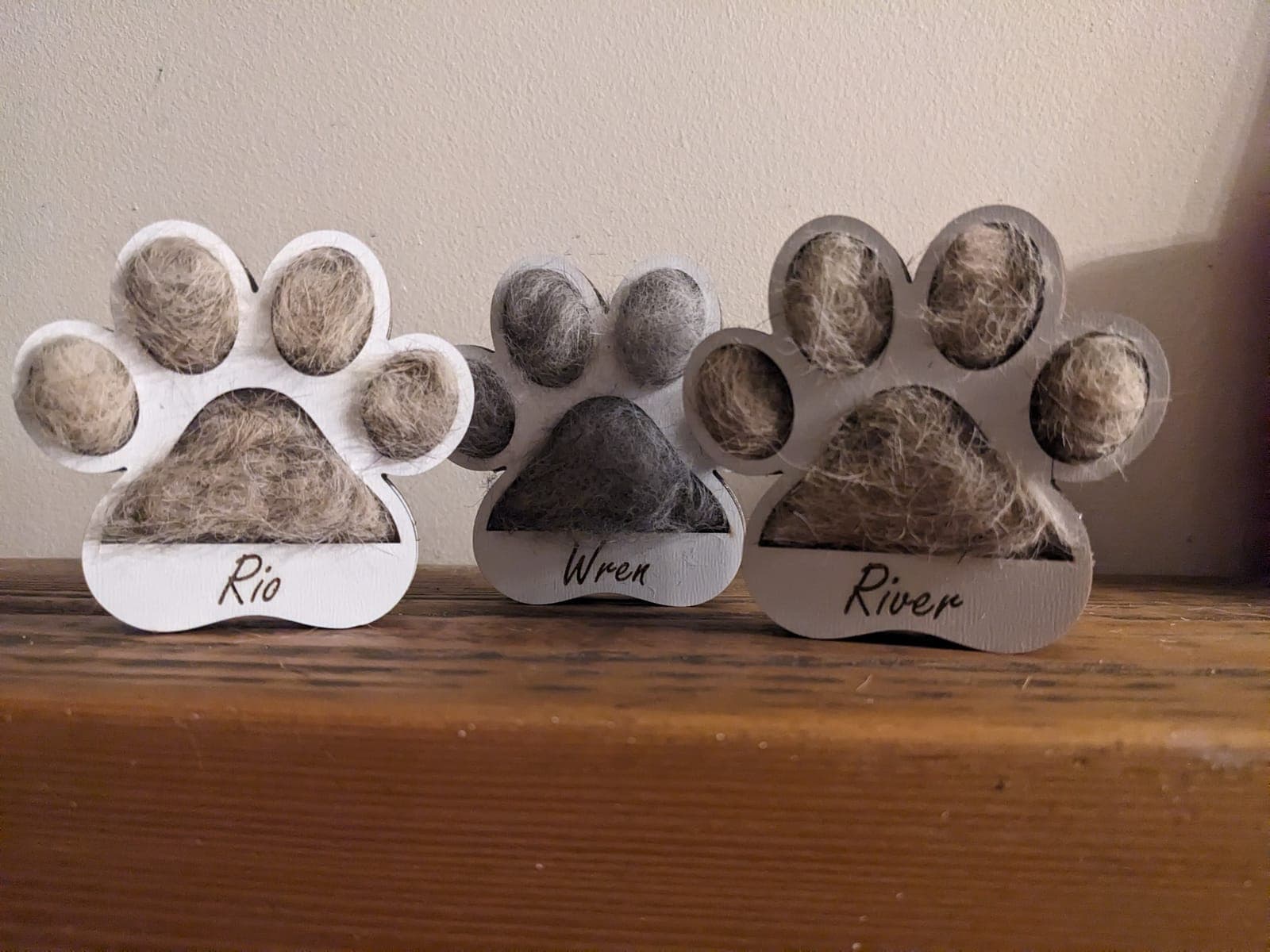Three wooden pawprints holding pet fur, named Rio, Wren and River