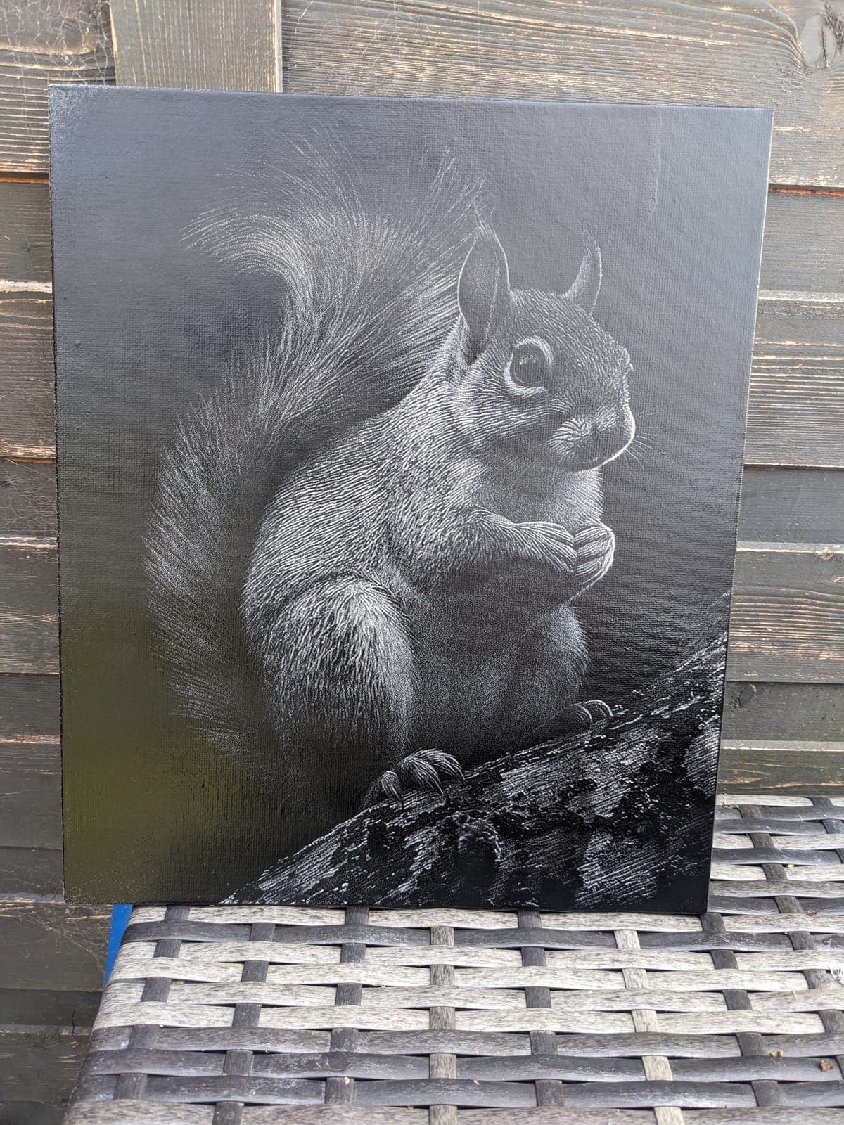 A squirrel sitting on a branch, engraved in fine detail on canvas